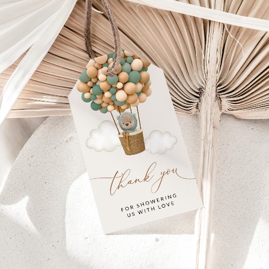 クマ、緑の風船、熱気球、赤ちゃんシャワー ギフトタグ