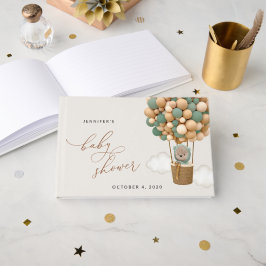 クマ、緑の風船、熱気球、赤ちゃんシャワー ゲストブック