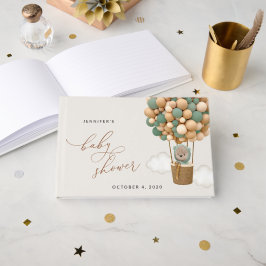 クマ、緑の風船、熱気球、赤ちゃんシャワー ゲストブック