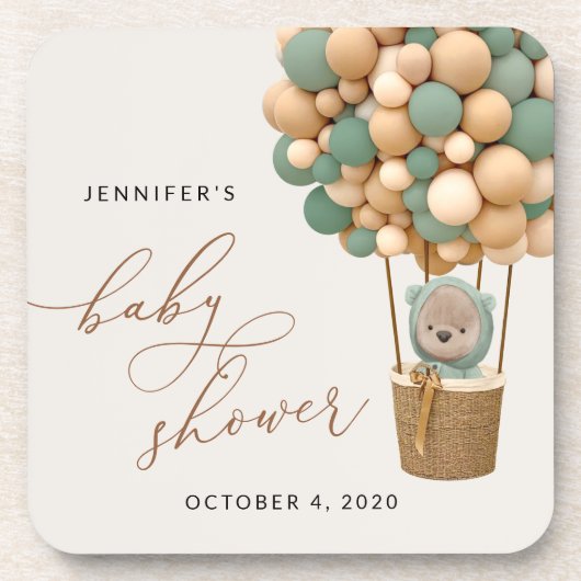 クマ、緑の風船、熱気球、赤ちゃんシャワー コースター (正面)