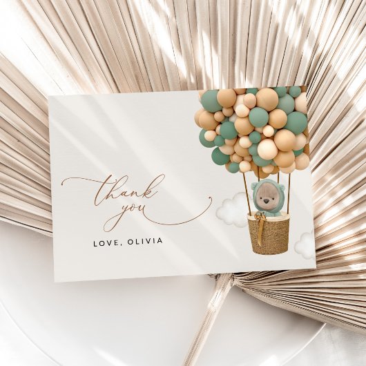 クマ、緑の風船、熱気球、赤ちゃんシャワー サンキューカード