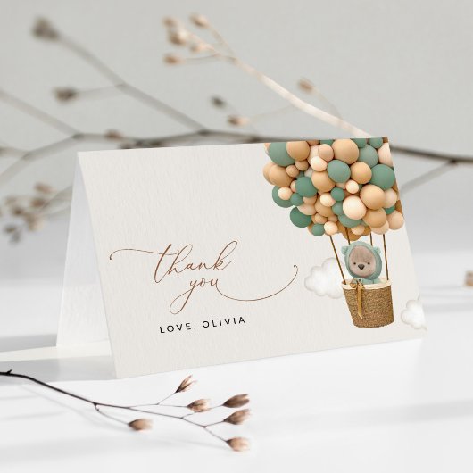 クマ、緑の風船、熱気球、赤ちゃんシャワー サンキューカード