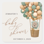 クマ、緑の風船、熱気球、赤ちゃんシャワー スクエアシール (正面)