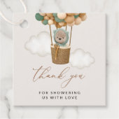 クマ、緑の風船、熱気球、赤ちゃんシャワー フェイバータグ (正面)