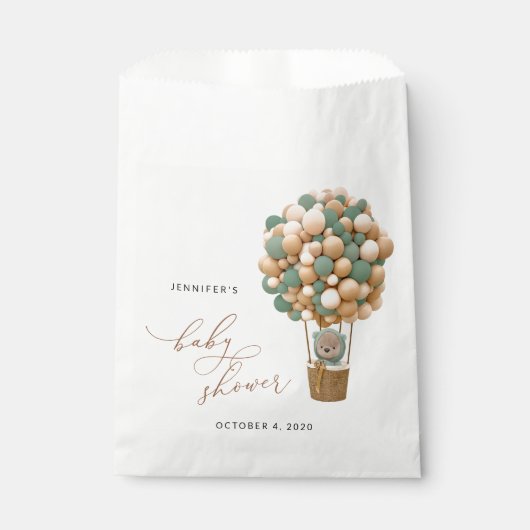 クマ、緑の風船、熱気球、赤ちゃんシャワー フェイバーバッグ (正面)