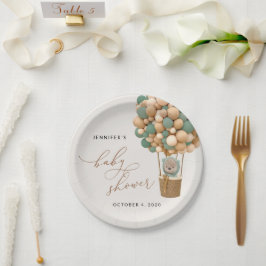 クマ、緑の風船、熱気球、赤ちゃんシャワー ペーパープレート