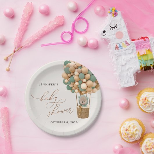 クマ、緑の風船、熱気球、赤ちゃんシャワー ペーパープレート (パーティー)