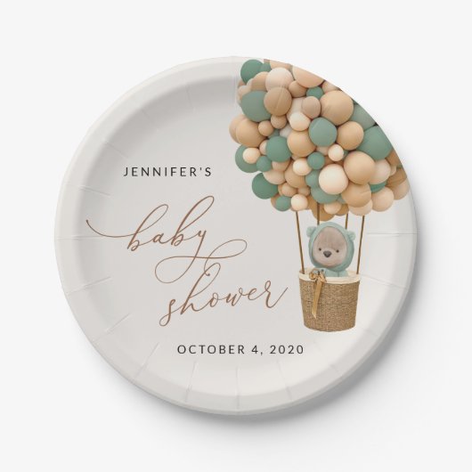 クマ、緑の風船、熱気球、赤ちゃんシャワー ペーパープレート (正面)