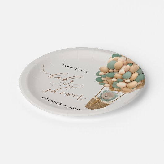 クマ、緑の風船、熱気球、赤ちゃんシャワー ペーパープレート (アングル)