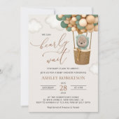 クマ、緑の風船、熱気球、赤ちゃんシャワー 招待状 (正面)