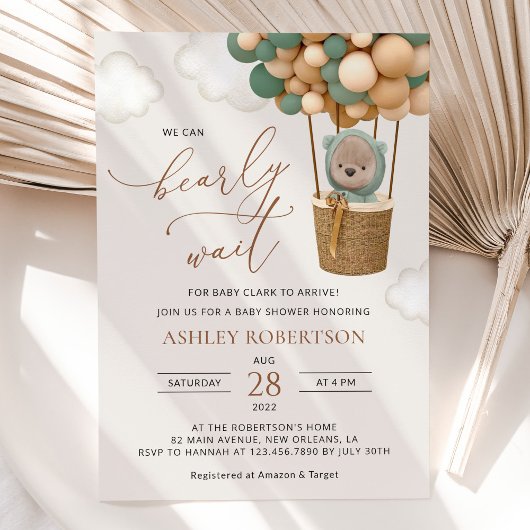 クマ、緑の風船、熱気球、赤ちゃんシャワー 招待状