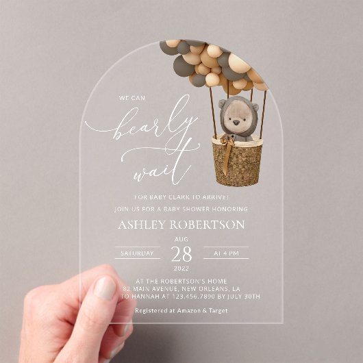 クマ、茶色の風船、熱気球、赤ちゃんシャワー アクリル招待状 (インサイチュ (ポータブル))