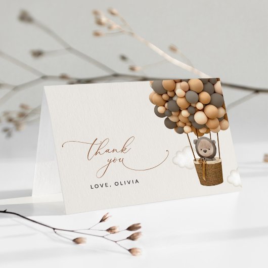 クマ、茶色の風船、熱気球、赤ちゃんシャワー サンキューカード