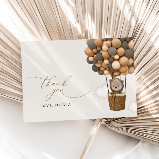 クマ、茶色の風船、熱気球、赤ちゃんシャワー サンキューカード
