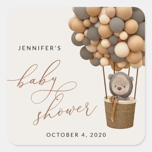 クマ、茶色の風船、熱気球、赤ちゃんシャワー スクエアシール (正面)