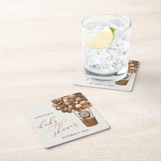 クマ、茶色の風船、熱気球、赤ちゃんシャワー スクエアペーパーコースター (インサイチュ)