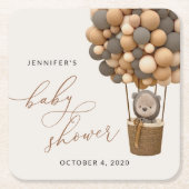 クマ、茶色の風船、熱気球、赤ちゃんシャワー スクエアペーパーコースター (正面)