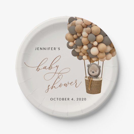 クマ、茶色の風船、熱気球、赤ちゃんシャワー ペーパープレート (正面)
