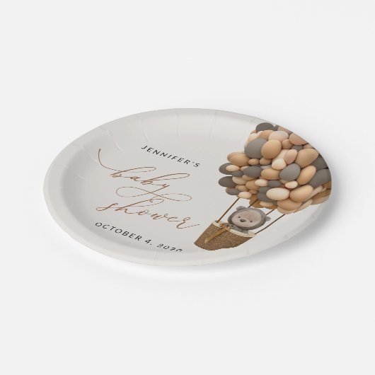 クマ、茶色の風船、熱気球、赤ちゃんシャワー ペーパープレート (アングル)