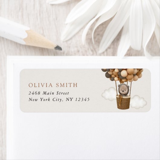 クマ、茶色の風船、熱気球、赤ちゃんシャワー ラベル (インサイチュ)