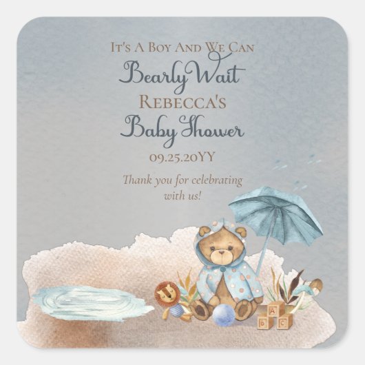 クマ | Blue AnブレラBearly Wait Boy Baby Shower スクエアシール (正面)