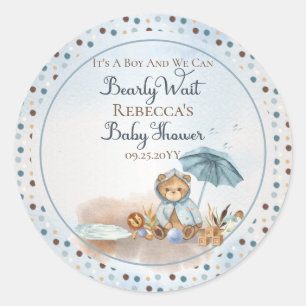 クマ   Blue AnブレラBearly Wait Boy Baby Shower ラウンドシール