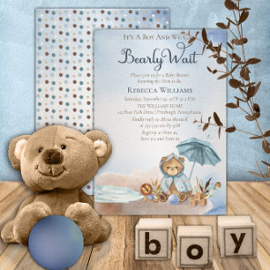 クマ   Blue AnブレラBearly Wait Boy Baby Shower 招待状