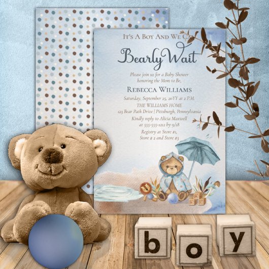 クマ | Blue AnブレラBearly Wait Boy Baby Shower 招待状