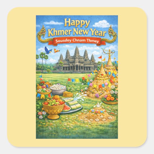クメール新年お祝い - Sousdey Chnam Thmey スクエアシール (正面)