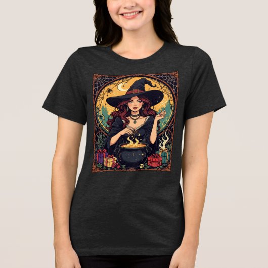 クモとともに魔法に満ちた魔女 トライブレンドTシャツ (正面)