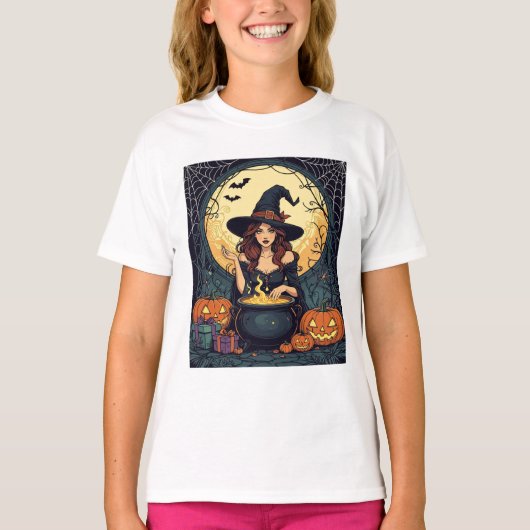 クモとジャックを持つウィムジカルに魅力的な魔女 Tシャツ (正面)