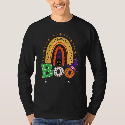 クモと魔女の帽子でブー ハロウィン レインボー Tシャツ (正面)