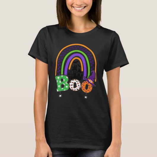 クモと魔女ハットハロウィーン虹のブー Tシャツ (正面)