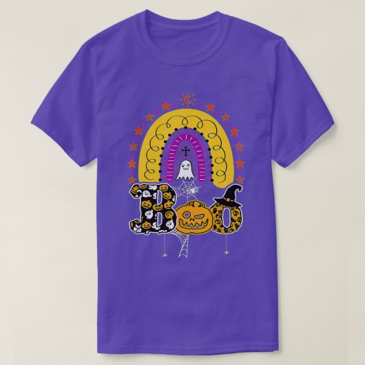 クモと魔女ハットハロウィーン虹のブー Tシャツ (デザイン正面)