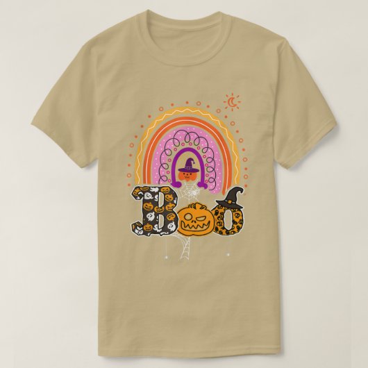 クモと魔女ハットハロウィーン虹3 Tシャツ (デザイン正面)