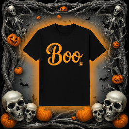 クモの巣がモチーフのハロウィン向けキュートな手描き風"Boo"デザイン Tシャツ