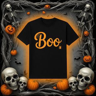 クモの巣がモチーフのハロウィン向けキュートな手描き風"Boo"デザイン Tシャツ