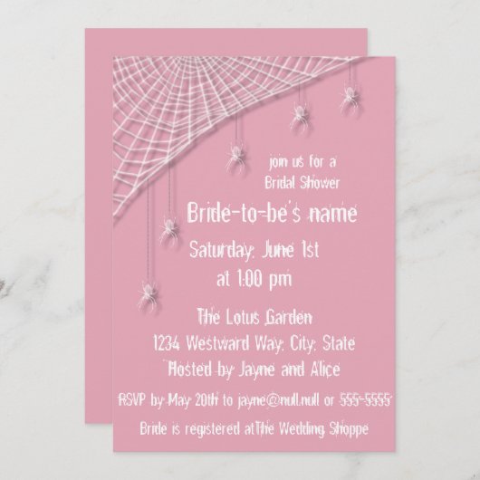 クモの巣と白いクモのブライダルシャワーへの招待 招待状 (正面/裏面)