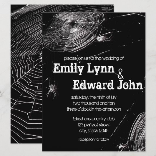 クモの巣と白い蜘蛛のウェディング招待状 招待状 (正面/裏面)