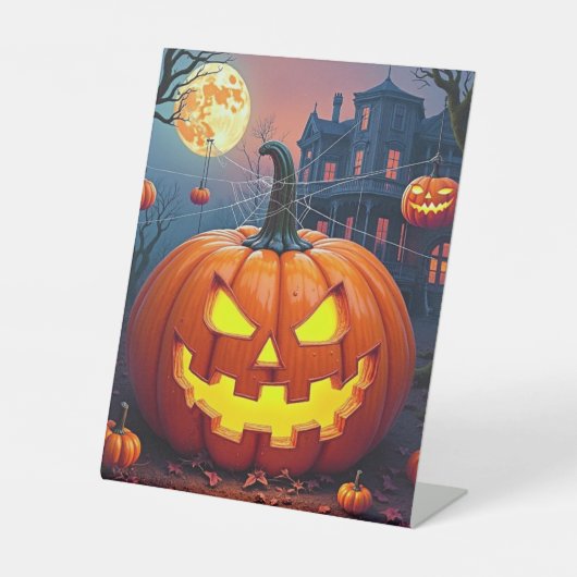 クモの巣を持つハロウィーンのカボチャ 台座サイン (正面)