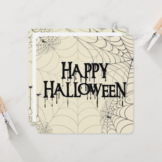クモの巣及びハッピーハローウィン不気味文字 招待状 (正面/裏面インサイチュ)