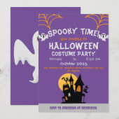 クモの巣 オレンジ色の不気味な大人ハロウィンパーティー 招待状 (正面/裏面)