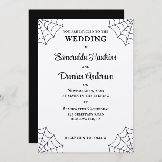 クモの巣(黒と白のゴシック結婚) 招待状 (正面/裏面)
