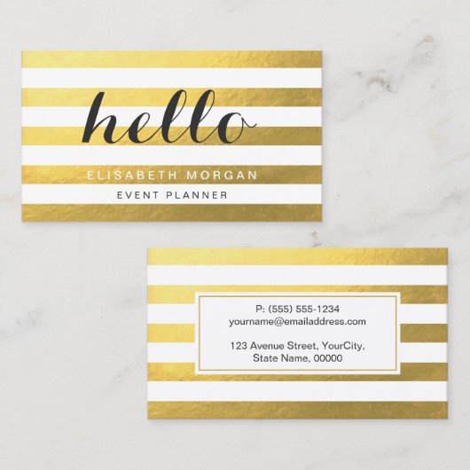 クライアントに挨拶 – スタイリッシュ金ゴールドストライプ 名刺 (正面/裏面)