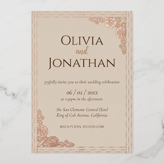 クライエレガントベージュ結婚のフォイル招待状 箔招待状 (正面)