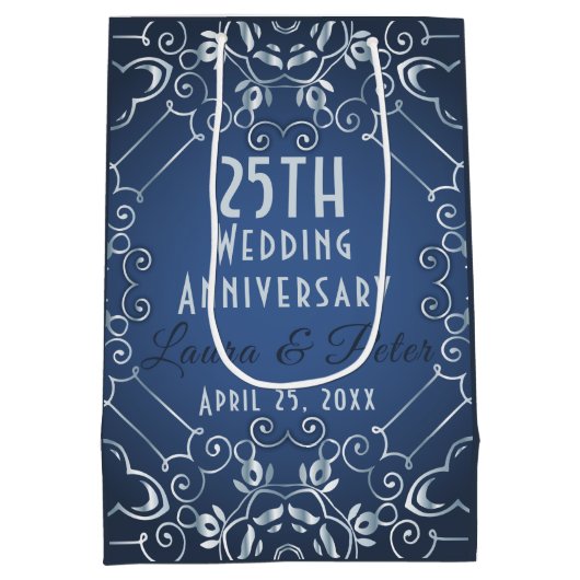 クライエレガント・ブルーとシルバーの結婚記念日 ミディアムペーパーバッグ (裏面)