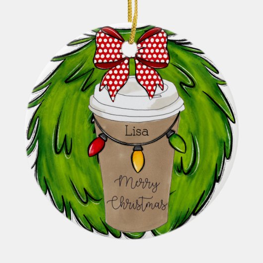クライストナスコーヒーリース パーソナライズされた セラミックオーナメント (正面)