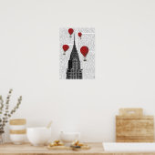 クライスラー建物と赤い熱気球 ポスター (キッチン)