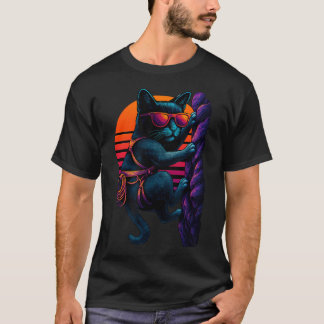 クライミングハーネスを装着したレトロな猫のロッククライミング Tシャツ