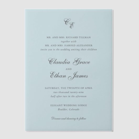 クラウディアパウダーブルーエレガントな結婚式 ベラム紙招待状 (正面)
